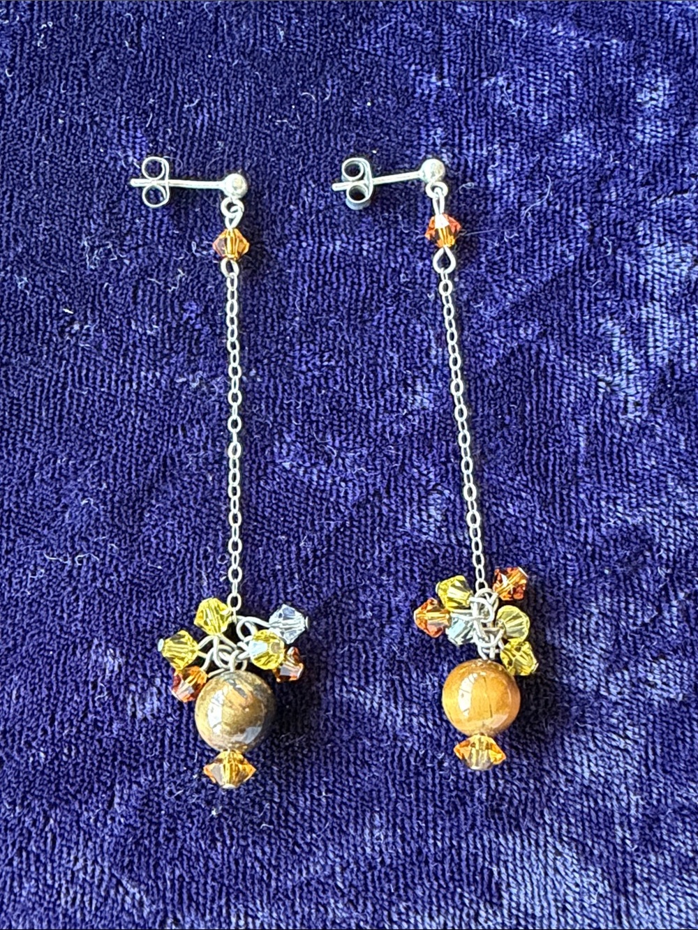 Vintage 925 sterling silver drop dangle earrings with natural tiger eye